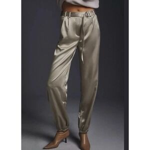 Anthropologie Satin Jogger Pants in Light Olive